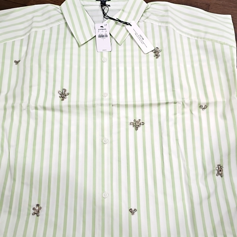 Express women shirt long sleeves with green lines and gems